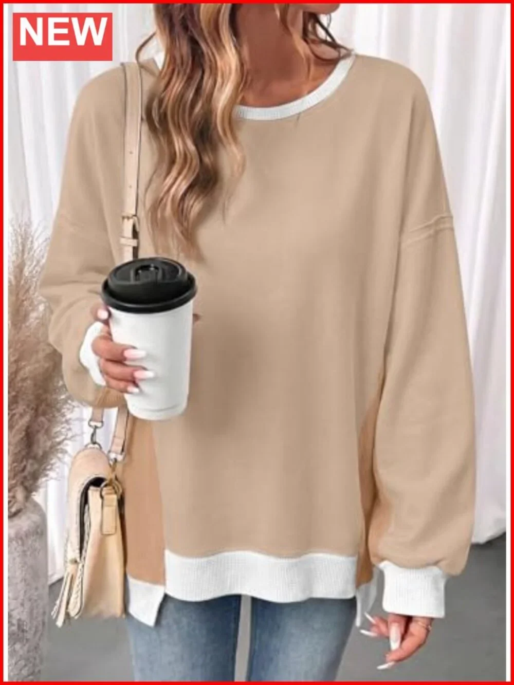 Waffle Knit Color Block Sweatshirt Oversized Long Sleeve Crew Neck Pullover